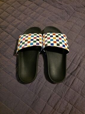 Vans "OFF THE WALL" Checkerboard Multi-Color Slide Sandals - Black Footbed